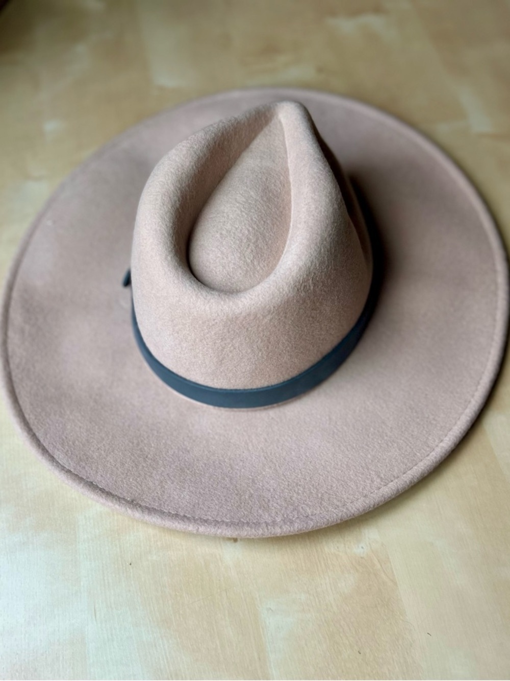 Wide Brim 100% Wool Felt Fedora in Beige with Gray Band Boho Western Minimalist - Picture 4 of 10